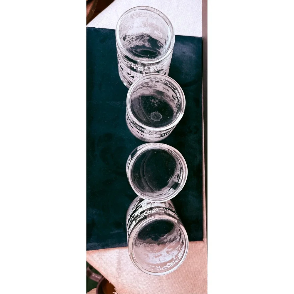 Vintage Federal Glass‎ Drinking Glasse set 4  Wishing Well floral Meadow Tumbler